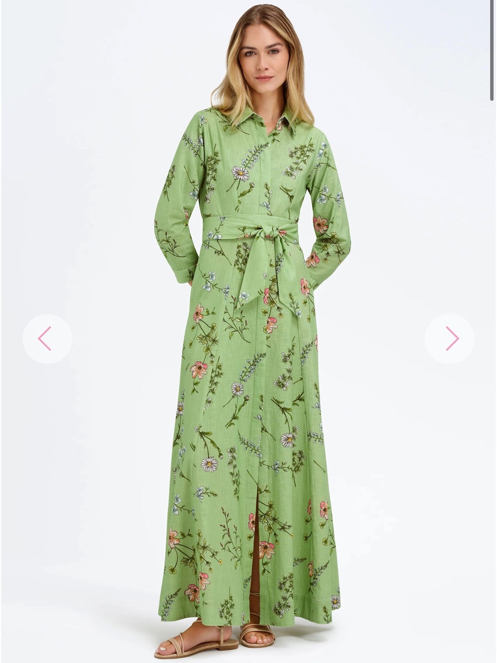 Light Green Floral Maxi Shirt Dress with Tie Waist - Bella Tu Kit Dress garden
